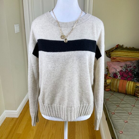 Truth by Republic Sweater Cashmere Crew Neck Beige Black Stripe Long Sleeve (S) - Picture 1 of 7